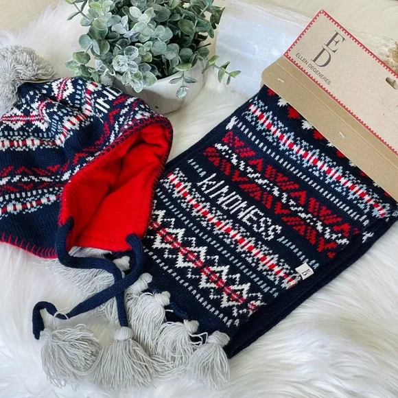 SCARF SET NEW 🌟 KINDNESS SCARF AND HAT SET ELLEN red blue white Woven knit 2pc - Picture 2 of 10